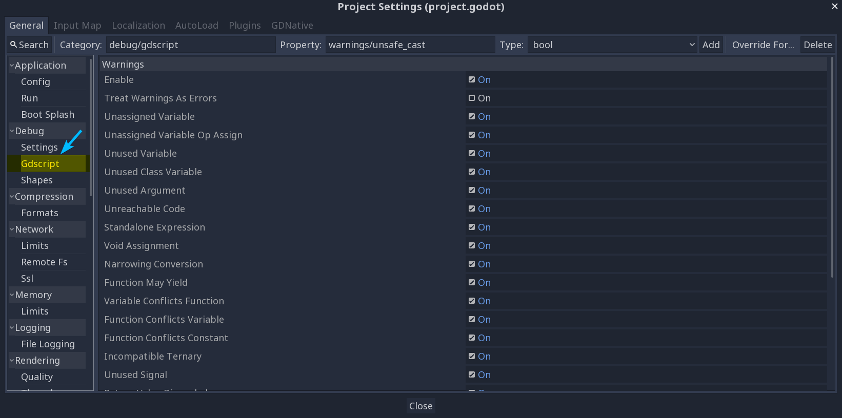 Warning system project settings